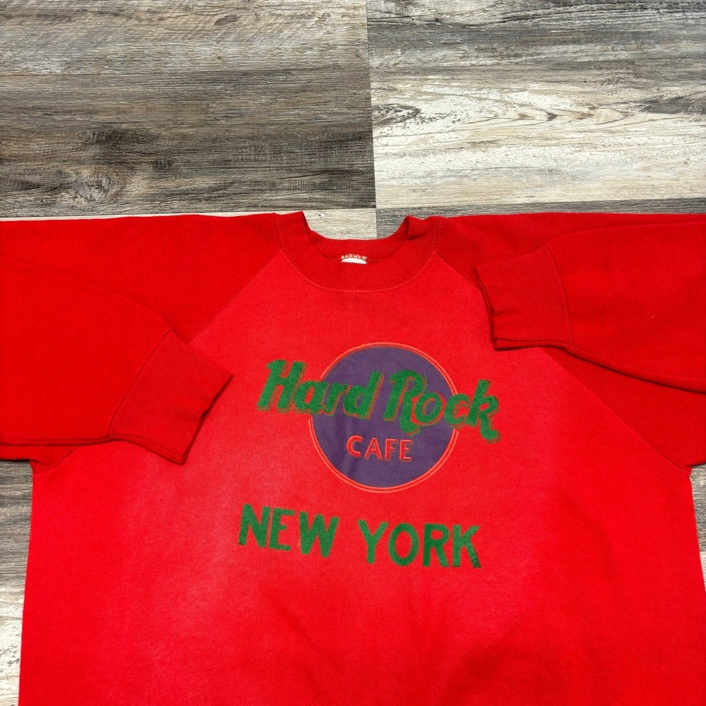 Vintage Hard Rock Cafe New York Red Mens XL Fleece Spellout Logo Sweatshirt